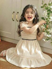 SHEIN Vestido de tirantes tejido elegante y de moda para niña preadolescente - Albaricoque - Ver 1