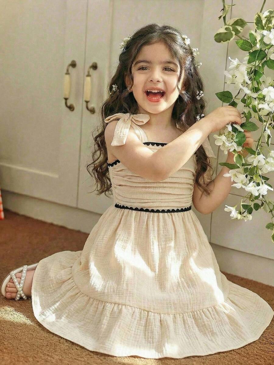 SHEIN Vestido de tirantes tejido elegante y de moda para niña preadolescente - Albaricoque - Ver 1