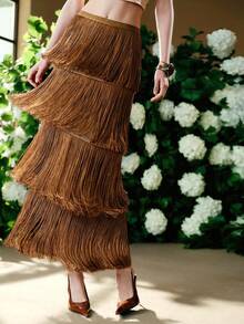 Arave Women's Woven Fabric Flared Waist Slit Fringe Patchwork Design Casual Skirt - Brown - View 4