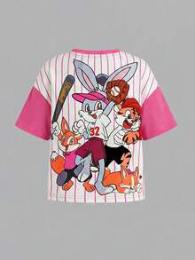 SHEIN 女童休闲舒适宽松卡通印花圆领T恤和裤子套装 - 玫紅色 - 查看 8