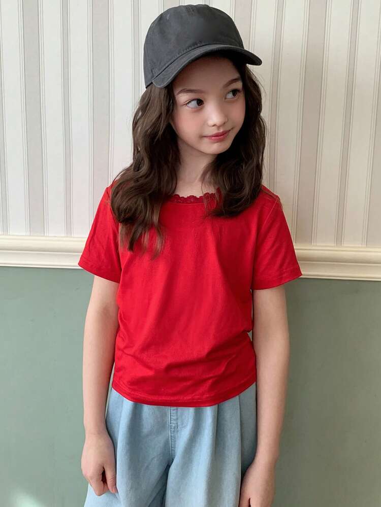 Tween Girl' Red Short Sleeve T-Shirt, Lace Trim Fitted Casual Top For Summer