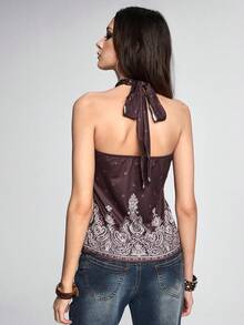 ROMWE Fairycore Áo tank top cổ yếm nữ kiểu Bohemian cổ điển họa tiết Paisley hoa điều - màu nâu - Xem 3