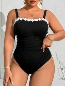Slaydiva Traje de baño de una pieza talla grande con decoración floral 3D - Blanco - Ver 3