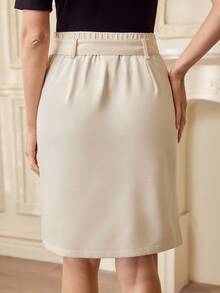 Vintamour Chân váy nữ cổ điển thanh lịch có thắt lưng, túi, màu mơ, thích hợp cho mùa xuân/hè. - Màu be - Xem 2