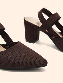 CUCCOO BASICS Women's Coffee Colored Comfortable Breathable Woven Elastic Slip-On Pointed Toe Chunky Heel Pumps For Christmas Spring Shoes - Brown - View 10