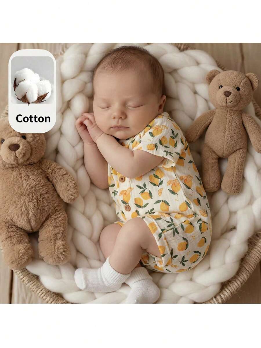 Loomiva Bộ áo liền quần tay ngắn cổ tròn in hình quả chanh cho bé gái sơ sinh, đa năng và thoải mái. - Màu be - Xem 1