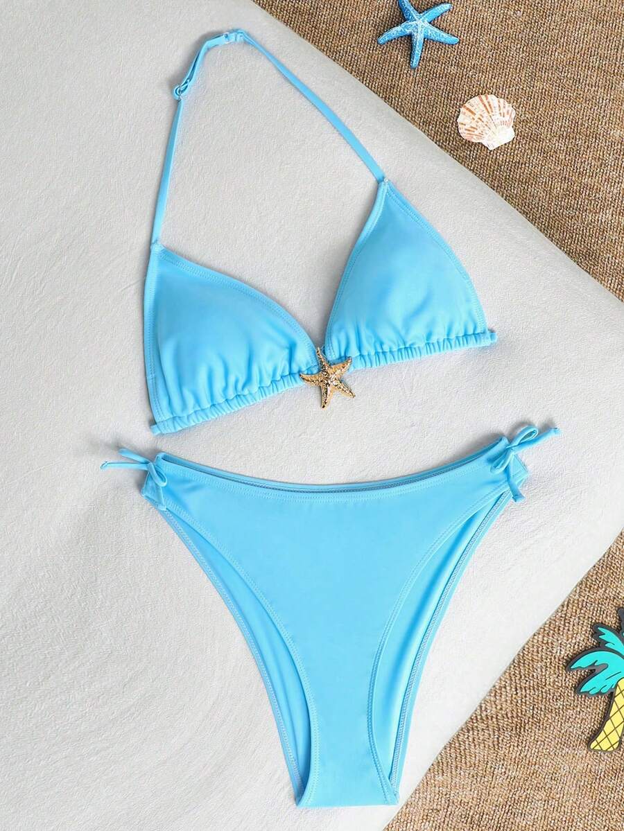 SHEIN Bikini de cuello halter azul para adolescentes, adecuado para vacaciones de primavera/verano - Azul - Ver 1