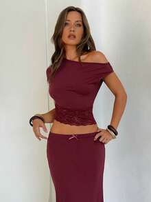 Aloruh Bộ đồ 2 mảnh thanh lịch màu trơn dành cho nữ, gồm áo và chân váy phối ren cổ lệch, thích hợp cho mùa hè. - Màu Đỏ Sâu - Xem 5