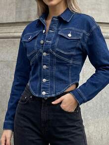 SHEIN SXY Women's Long Sleeve Single-Breasted Casual Pocket Denim Jacket - Dark Wash - View 1