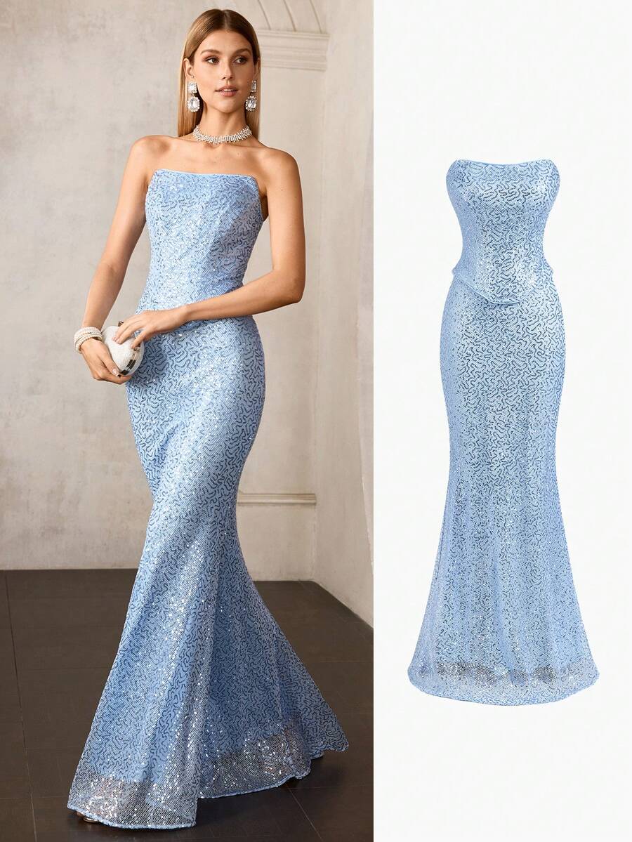 MOTF Soiréza Áo ống thêu sequin dành cho nữ và chân váy đuôi cá, thích hợp cho các dịp xuân/hè.
