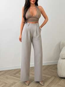 SHEIN Quần tây ống rộng xếp ly, màu trơn, có cúc cài và túi chéo. - Xám - Xem 3
