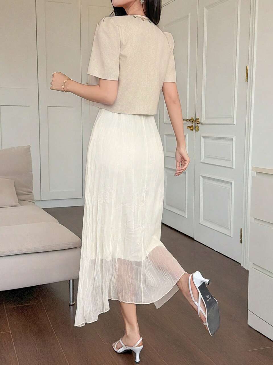 Women's Elegant Sequin Pocket Puff Sleeve Jacket Dress Two Pieces Set, Summer