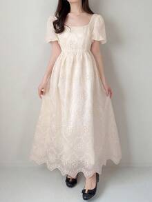 FRIFUL Vestido largo elegante de fiesta con cintura fruncida y bordado floral para mujer - Beis - Ver 4