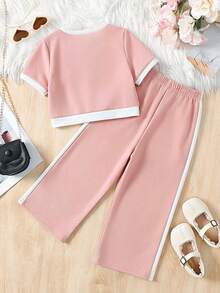 LMoss Kids Baby Girl Contrast Trim Round Neck Short Sleeve T-Shirt And Pants Set, Fashionable Casual - Pink - View 2