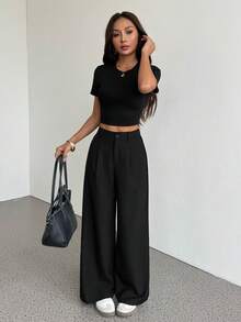 SHEIN PETITE Women's Dual-Tone Woven Pants With Pockets, Suitable For Summer Vacation - Black - View 4