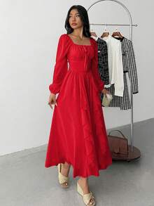 Đầm midi đỏ dài tay xếp ly cổ vuông, tay phồng, thanh lịch, đơn giản, tinh tế dành cho thiếu nữ, thích hợp mặc đi làm hàng ngày, đón năm mới, dự tiệc trà, sinh nhật, kiểu Pháp thanh lịch, đầm đỏ tay phồng xếp ly, đầm dự tiệc cưới mùa thu, đầm thời Phục Hưng, đầm dạ hội, đầm tốt nghiệp màu đỏ, đầm cổ vuông, đầm xếp ly, đầm đỏ, đầm tay dài, đầm maxi đỏ, đầm đỏ cho nữ, đầm maxi đỏ tay dài xếp ly, đầm trẻ em. - Đỏ - Xem 5
