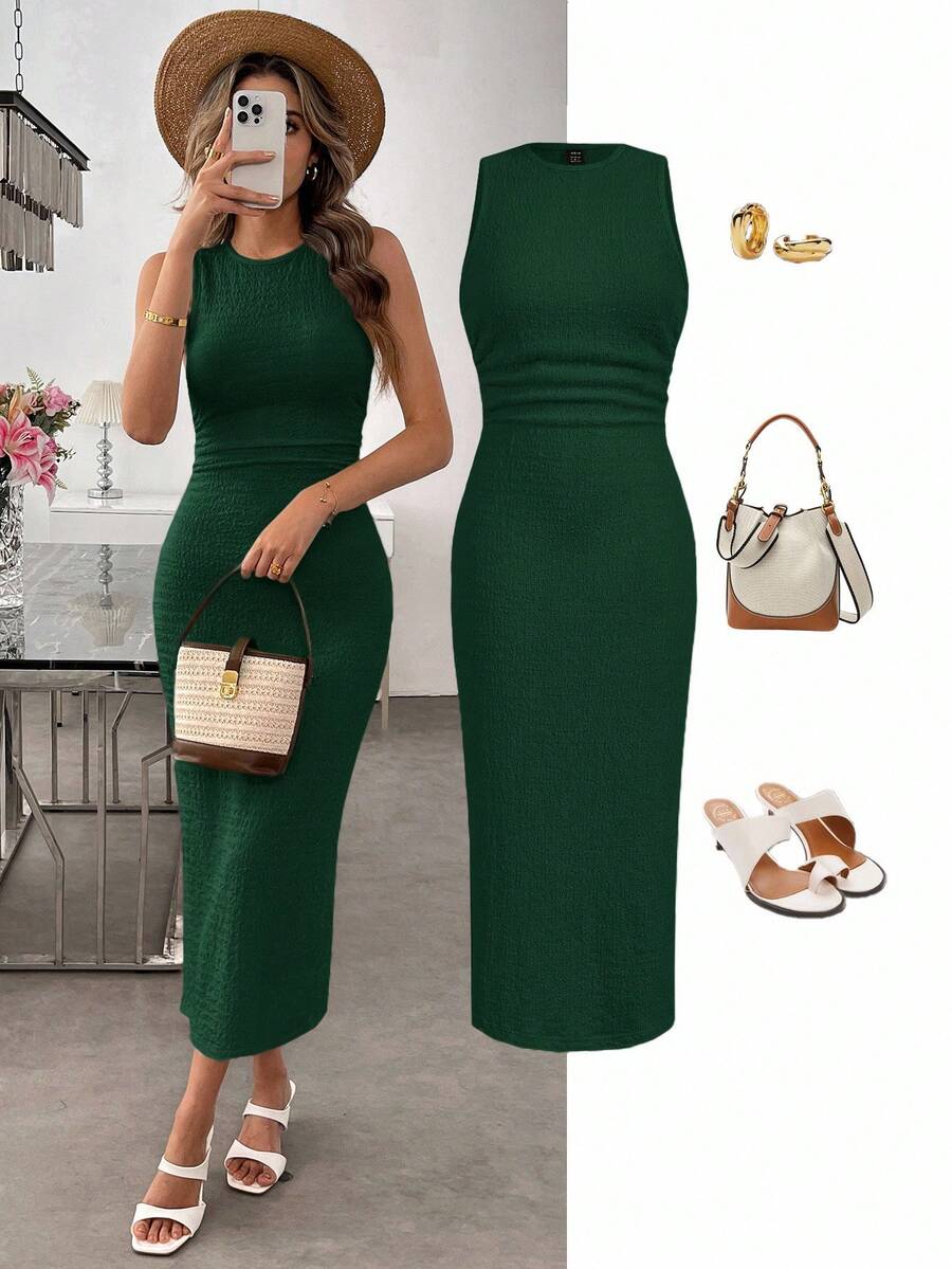 Easowa Apricot Color Textured Knit Bodycon Dress For Women Green Elegant Dress Women Long Bodycon Dress Green Dress For Vacation Elegant Midi Dress - Dark Green - View 1