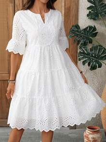 EMERY ROSE 女士度假休闲纯色镂空刺绣迷你连衣裙 - 白色 - 查看 5