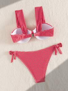 Swim Mod 大码女式粗肩带褶皱格纹印花沙滩度假泳衣套装，春夏款 - 彩色 - 查看 2