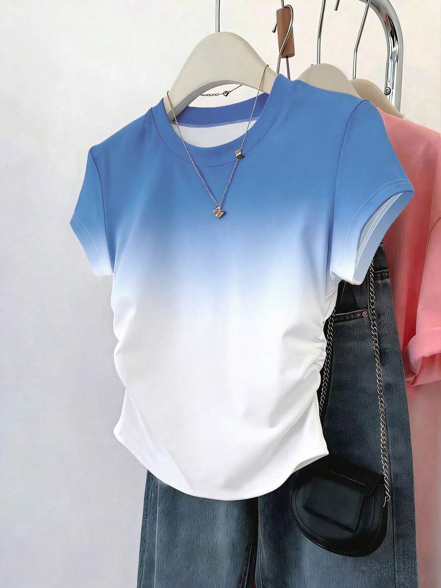 Resyla 女款戶外休閒上衣,甜美風格,優雅設計,夏季新品,戶外運動,修身腰線女款短袖T恤,白色,圖案設計,漸層 - 彩色 - 查看 1