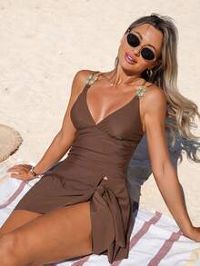 Swim Lushoire Women's Chocolate Brown Deep V Ruched 2 Pieces Swimsuit Set With Beaded Halter Strap, Side Tie Skirt For Beach Vacation - Brown - View 5