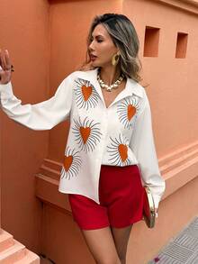 Selianne Camisa de manga larga casual y versátil con estampado de corazón, adecuada para el uso diario en primavera y verano - Multicolor - Ver 5