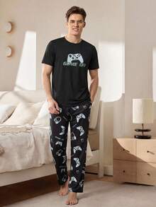 Velminro Men's Black Pants And Short Sleeve T-Shirt Gaming Pajama Set, Spring/Autumn Gaming Print Pajama Set Men Pajama Set Men Long Pants Set - Black - View 1