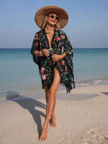 Swim Lushoire 女士流苏印花开襟薄纱罩衫 - 彩色 - 查看 5