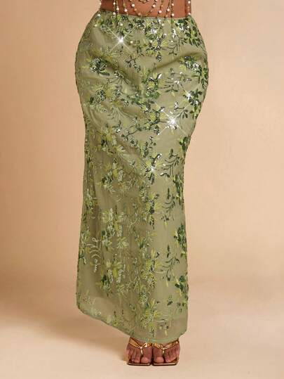 SHEIN BAE Plus Size Women Sequin Floral Pattern Versatile Date Night/Outing Skirt