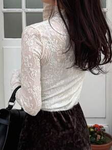 FRIFUL 女士网纱高领透视上衣，秋季叠穿单品 - 杏色 - 查看 2