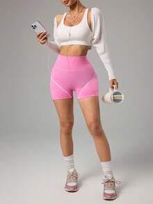Sovereign Charm Pantalones cortos deportivos casuales de mujer con cintura alta y rayas de contraste - Rosa - Ver 7