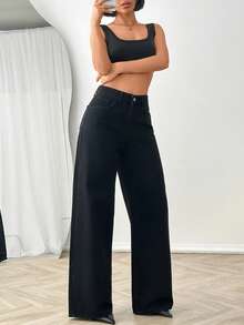 SHEIN Women High Rise Washed Detail Jeans - Black - View 5