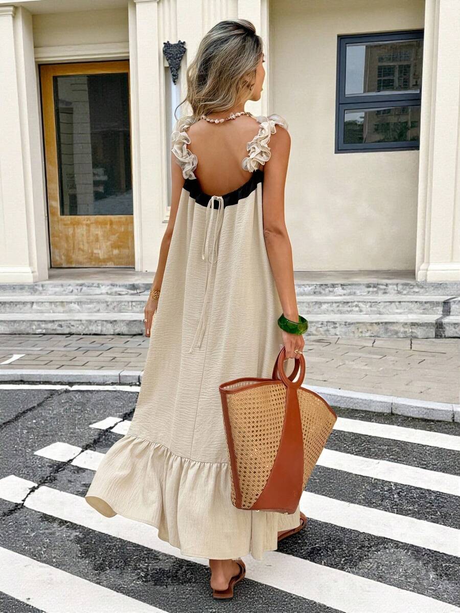 Serisse Women's Summer Vacation Textured Ruffle Hem Dress,French Vacation Cream & Contrast Color Ruffle Trim Camisole Dress, Elastic Tie Waist, Essential For Summer Beach, Dates, Parties,Beach Vacation Outfits For Women,Vacation Dress,Summer Dresses For Women - Apricot - View 1
