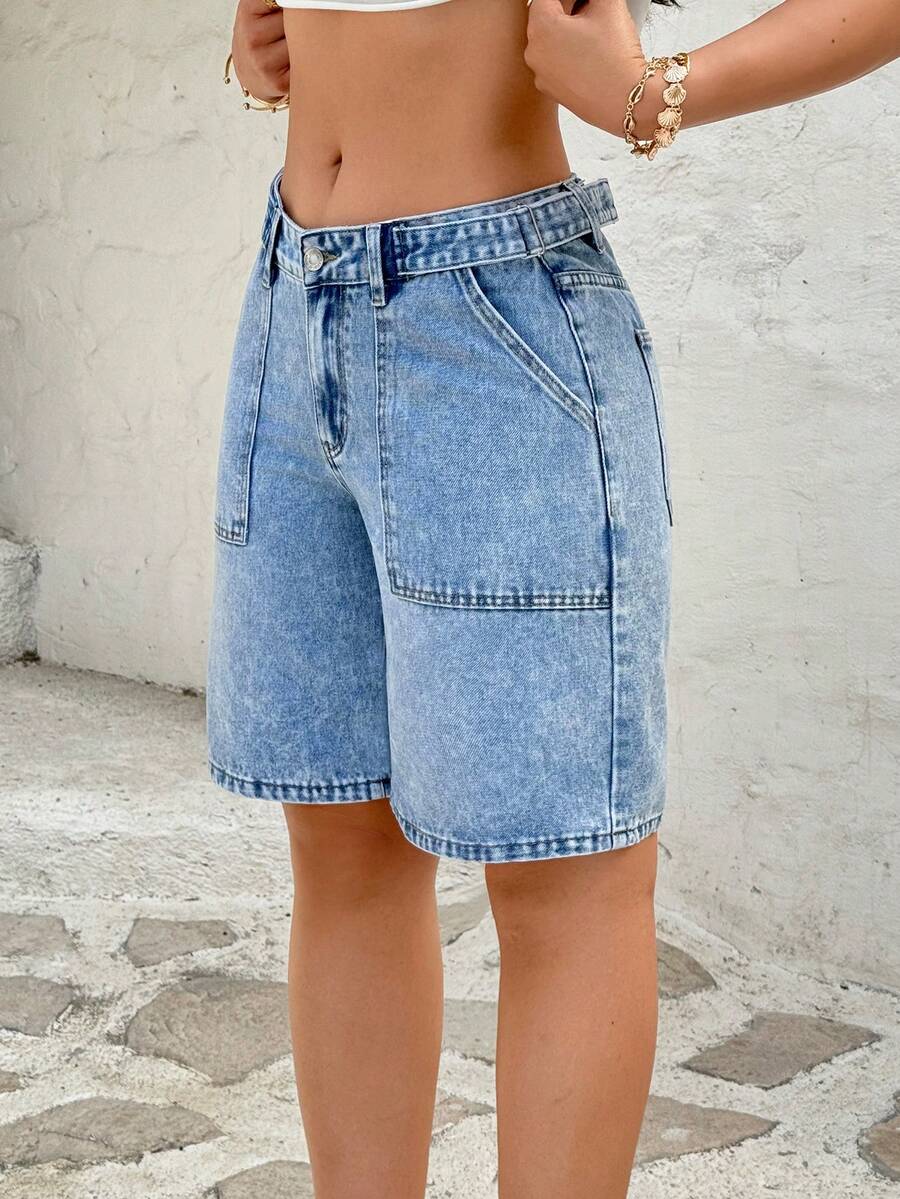Rivivi Shorts Denim Casual de Cintura Baixa com Botões, Lavagem Azul Claro - Lavagem clara - Visão 1