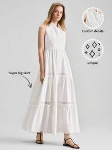 Ontre Vestido sin mangas de verano casual para mujer con parches de encaje de unicolor - Blanco - Ver 3