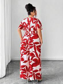 Elenzga Mono de flores rojas con cuello en V, elegante y casual, de estilo retro francés para vacaciones, primavera/verano - Rojo - Ver 2