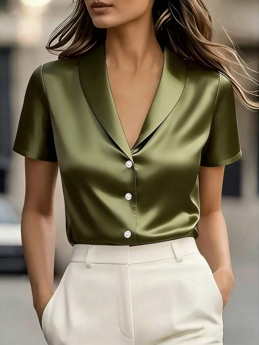 SHEIN LUNE Blouse courte à manches courtes en satin unicolore élégante de style français pour femmes - Vert - Voir 1