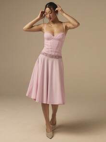 2pcs Lace Patchwork Knit Camisole And Skirt Set, Wedding Guest Outfit, Suitable For Small Bust Women, Pink Ladies 2-Piece Set, Date Outfit - Pink - View 1