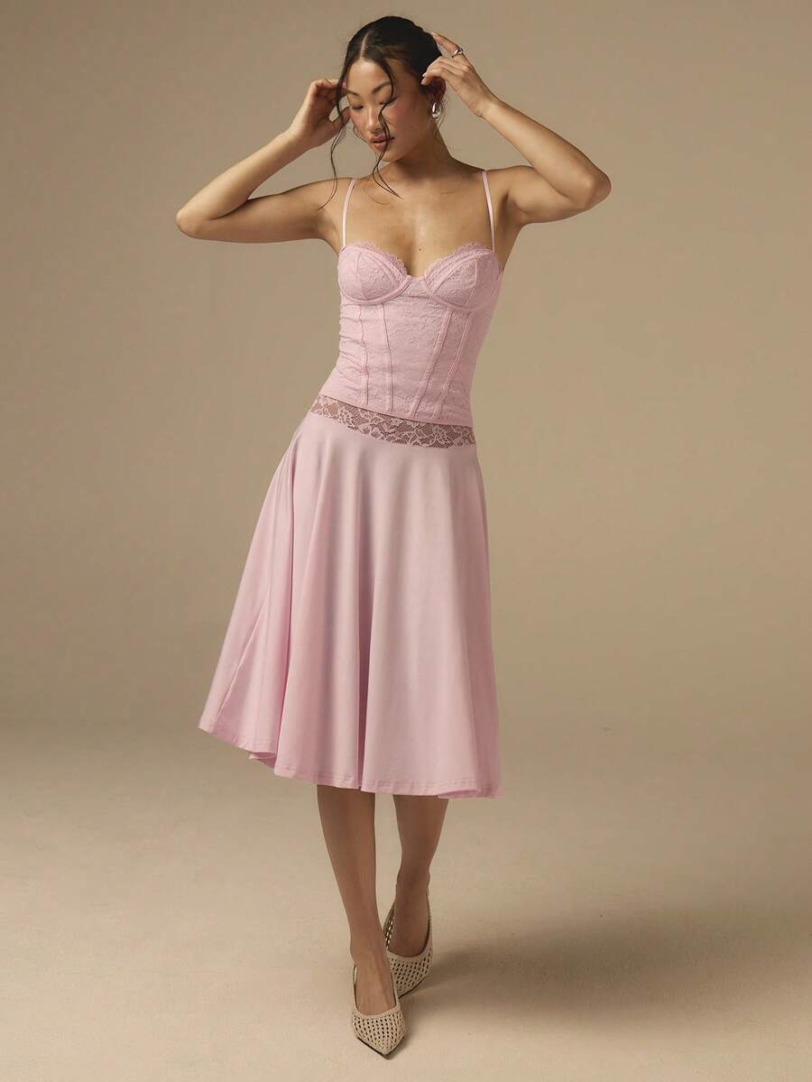 2pcs Lace Patchwork Knit Camisole And Skirt Set, Wedding Guest Outfit, Suitable For Small Bust Women, Pink Ladies 2-Piece Set, Date Outfit - Pink - View 1