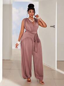 Maweii Plus Size Backless Tie-Up Jumpsuit, Vacation & Party Style - Brown - View 4
