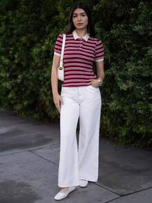 Andrea Bello Vintage Elegant Women Polo Collar Jacquard Casual Commute Vacation T-Shirt Summer For Women Vacation Women Tops Women Western Wear Women Business Casual Woman Summer Clothes Going Out Tops Women Cute Tops Vacation Women Office For Women Church Clothes Women Summer Tops Women Back To School Clothes Teacher For Women Going Out Tops Women Women Clothes Clothes Church Spring - Burgundy - View 1