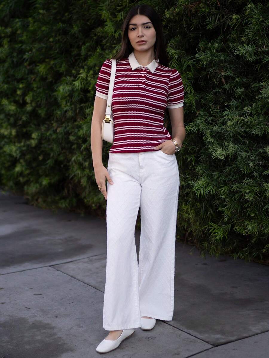Andrea Bello Vintage Elegant Women Polo Collar Jacquard Casual Commute Vacation T-Shirt Summer For Women Vacation Women Tops Women Western Wear Women Business Casual Woman Summer Clothes Going Out Tops Women Cute Tops Vacation Women Office For Women Church Clothes Women Summer Tops Women Back To School Clothes Teacher For Women Going Out Tops Women Women Clothes Clothes Church Spring - Burgundy - View 1