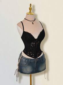 SHEIN ICON 女士修身提花蕾丝钢圈胸衣吊带背心 - 黑色 - 查看 7