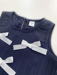 Elladie kids 2件套女童时尚可爱3D蝴蝶结无袖上衣和七分裤套装，适合日常穿着、度假和外出，春夏新款 - 藏蓝色 - 查看 5