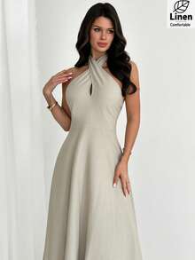 Firerie New Spring/Summer Women Elegant Casual Minimalist Commute & Vacation Dress, Linen-Like Bamboo Texture Halter Neck Cinched Waist A-Line Backless Slimming Maxi Dress, Casual Vacation, Beach, Outdoor Daily Wear, Beach Dress Outfit - Light Grey - View 3