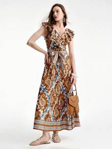 Aveloria Modichic Đầm maxi dáng rộng không tay cổ chữ V, phối màu nâu và xanh dương, chất liệu giả lanh in họa tiết nút tre, kiểu bohemian, họa tiết retro, có dây rút ở eo và vạt áo ghép mảnh, thích hợp cho kỳ nghỉ và đi biển. - Nhiều màu - Xem 6