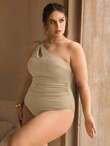 Swim Chiccia Plus Size Women One-Piece Black Asymmetrical Shoulder Swimsuit Beach Outfit - Coffee Brown - View 3