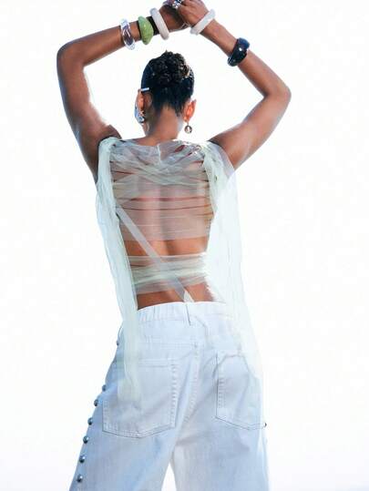 LYSMO Camiseta de mujer de unicolor con cuello de barco, parche de malla y espalda de moda