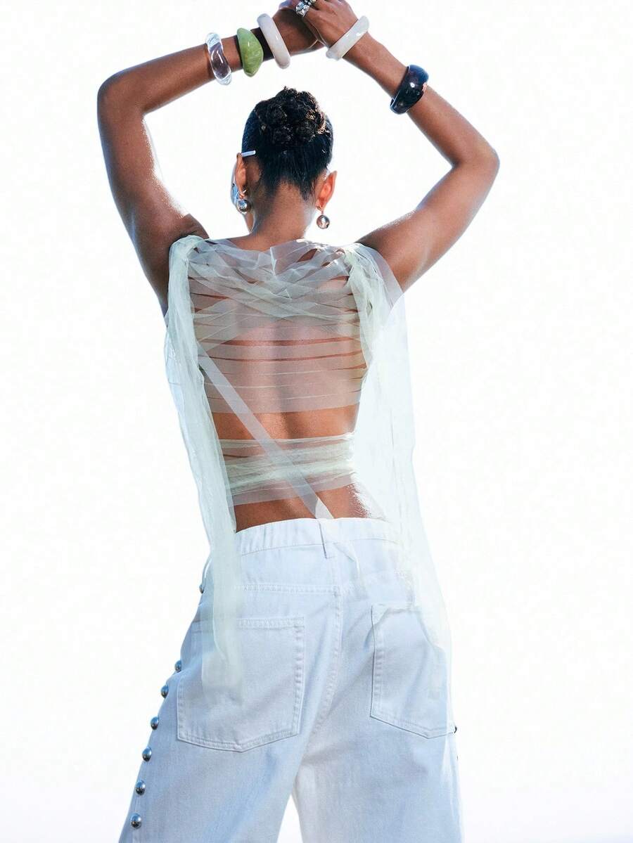 LYSMO 女士纯色船领网纱拼接露背时尚吊带衫 - 綠色 - 查看 1