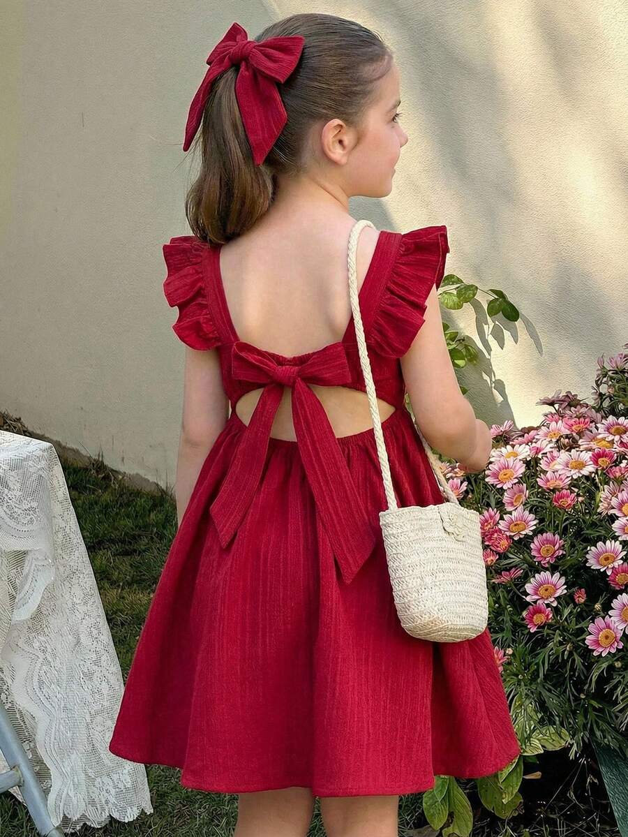 LMoss Kids Vestido casual de niña con cuello cuadrado, volantes en el bajo y unicolor tejido - Rojo - Ver 1